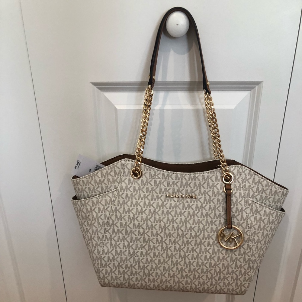 Michael Kors vanilla colored, gold chain tote